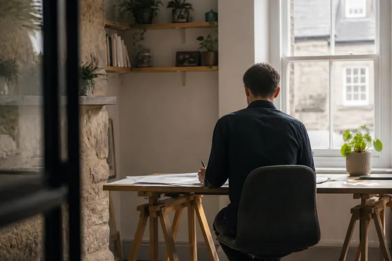 A professional web designer working on a laptop at a bright, modern desk in a local office space