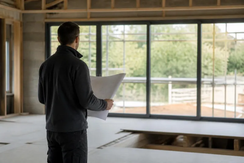 Illustration of a person holding plans inside an unfinished building.